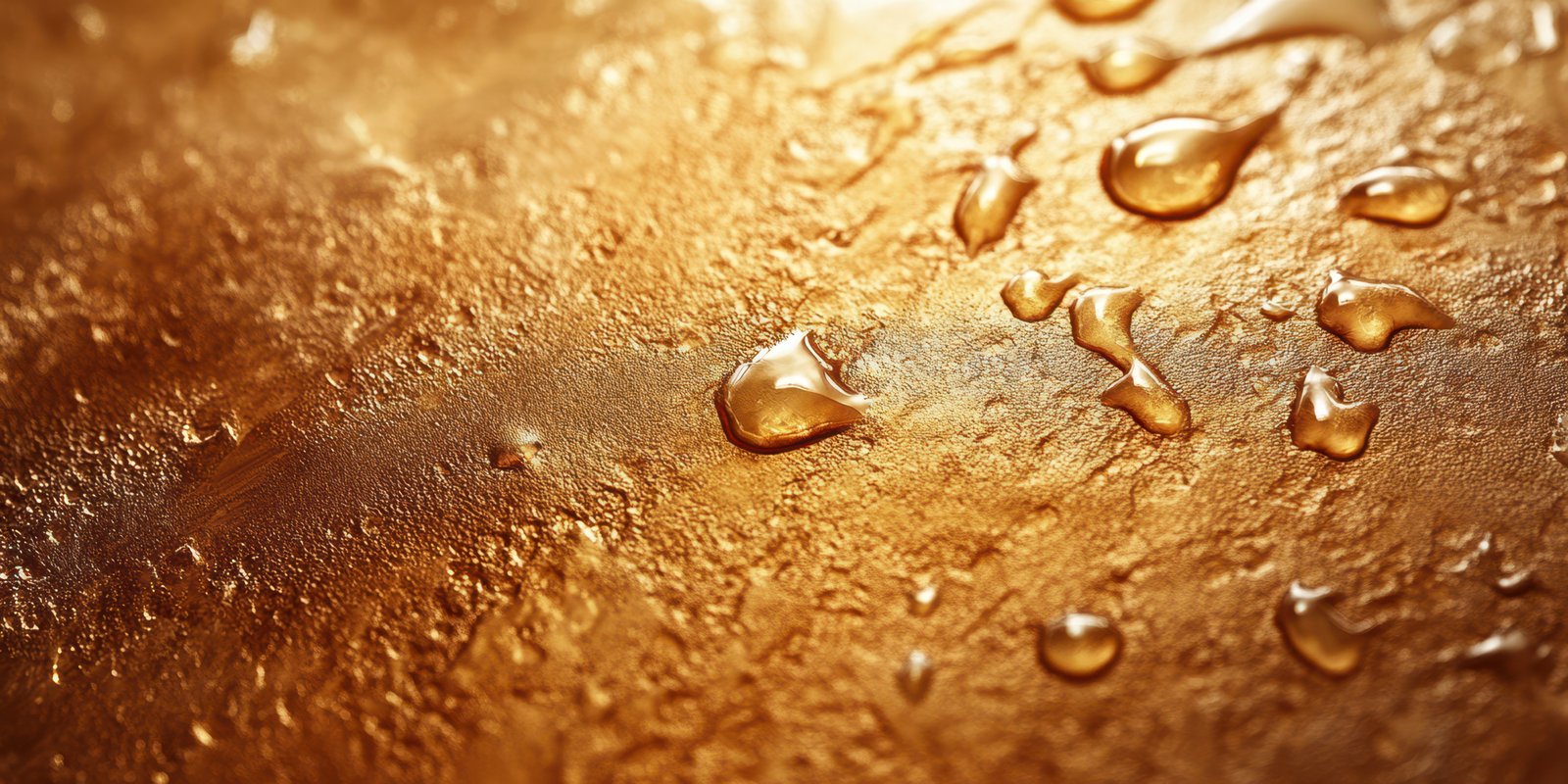 Water droplets glisten on a golden textured surface under warm light during the afternoon